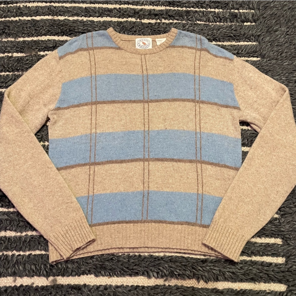Vintage Japan Quail Crossing blue tan striped plaid wool sweater Size L academia